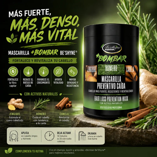Be’Shyne – Bombar Mascarilla Capilar Fortalecedora con Romero, Canela y Jengibre para Cabello con Tendencia a la Caída