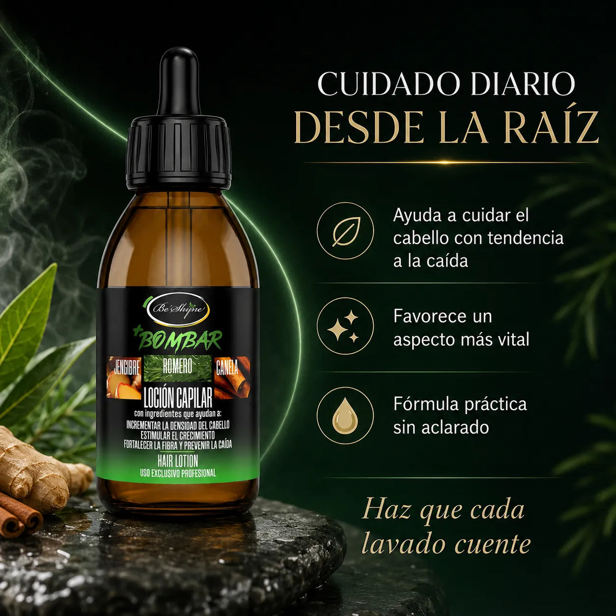 Be'Shyne +Bombar – Loción capilar sin aclarado con extractos botánicos 125 ml