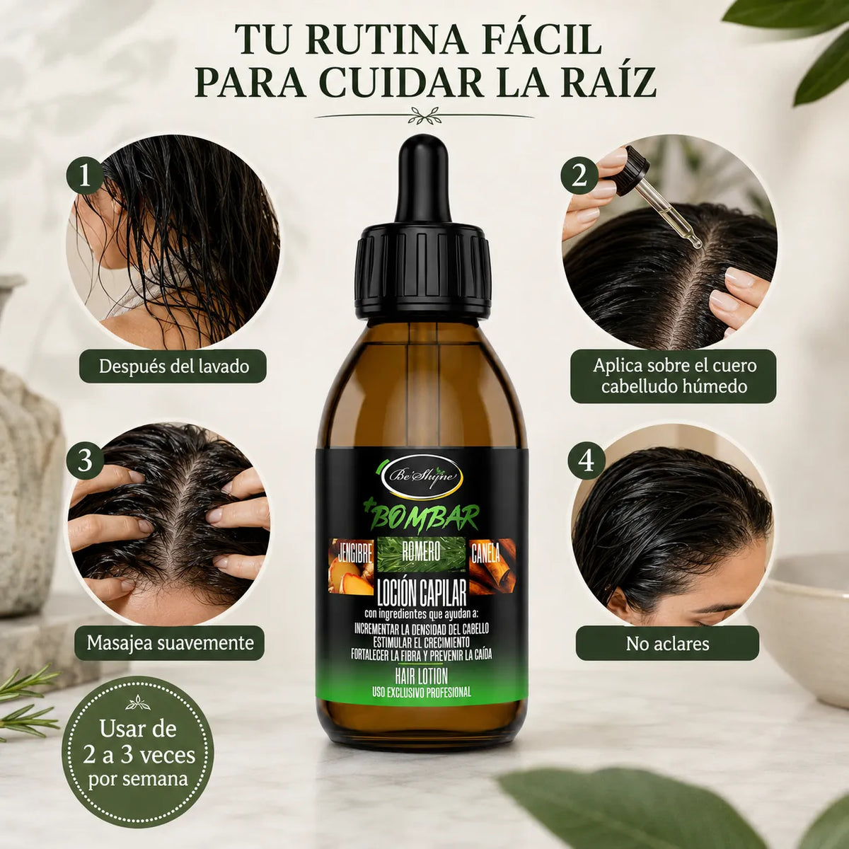 Be'Shyne +Bombar – Loción capilar sin aclarado con extractos botánicos 125 ml