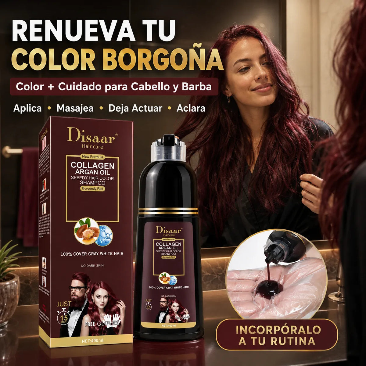DISAAR– Champú Color Rojo Borgoña con Colágeno y Aceite de Argán para Cabello y Barba 400ml