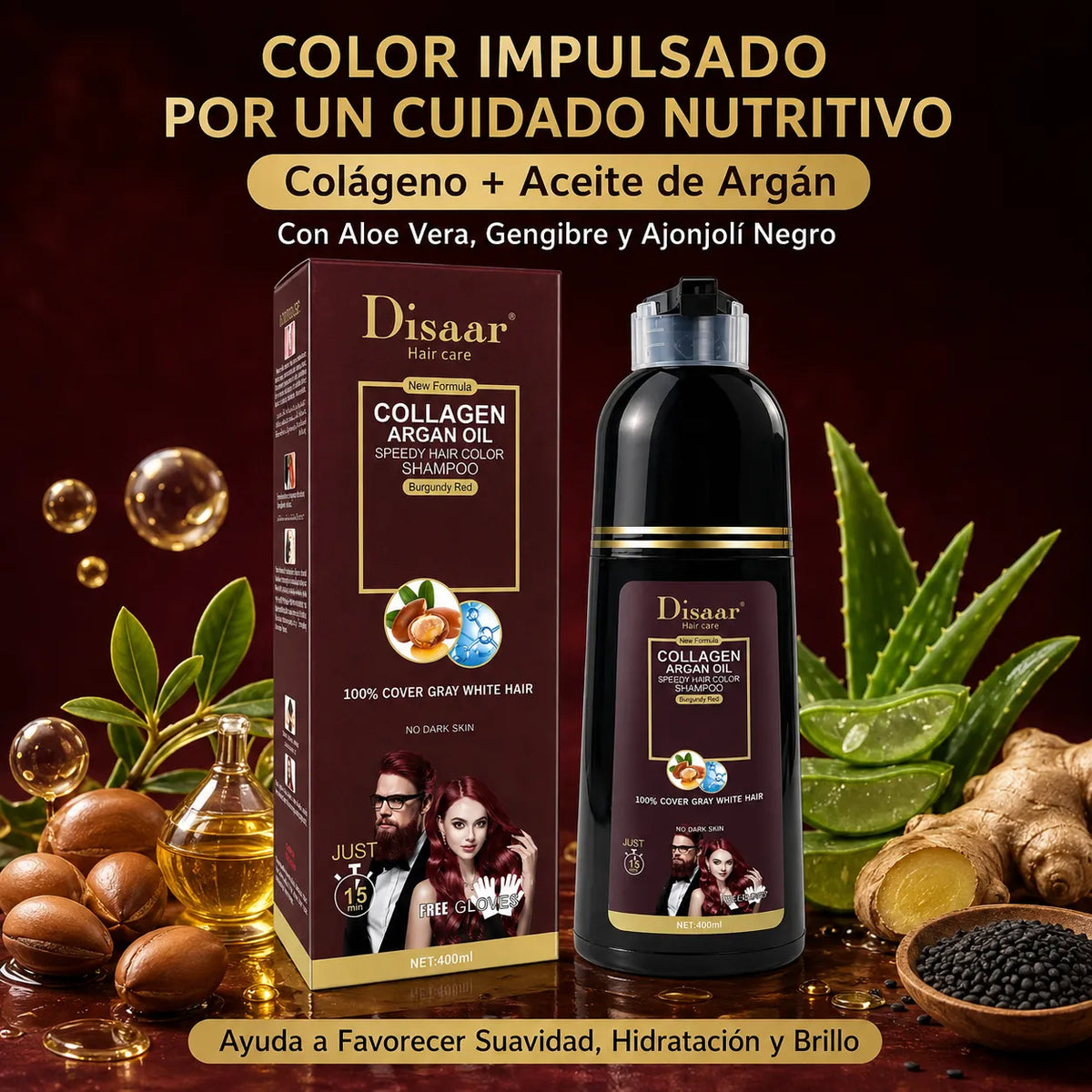 DISAAR– Champú Color Rojo Borgoña con Colágeno y Aceite de Argán para Cabello y Barba 400ml