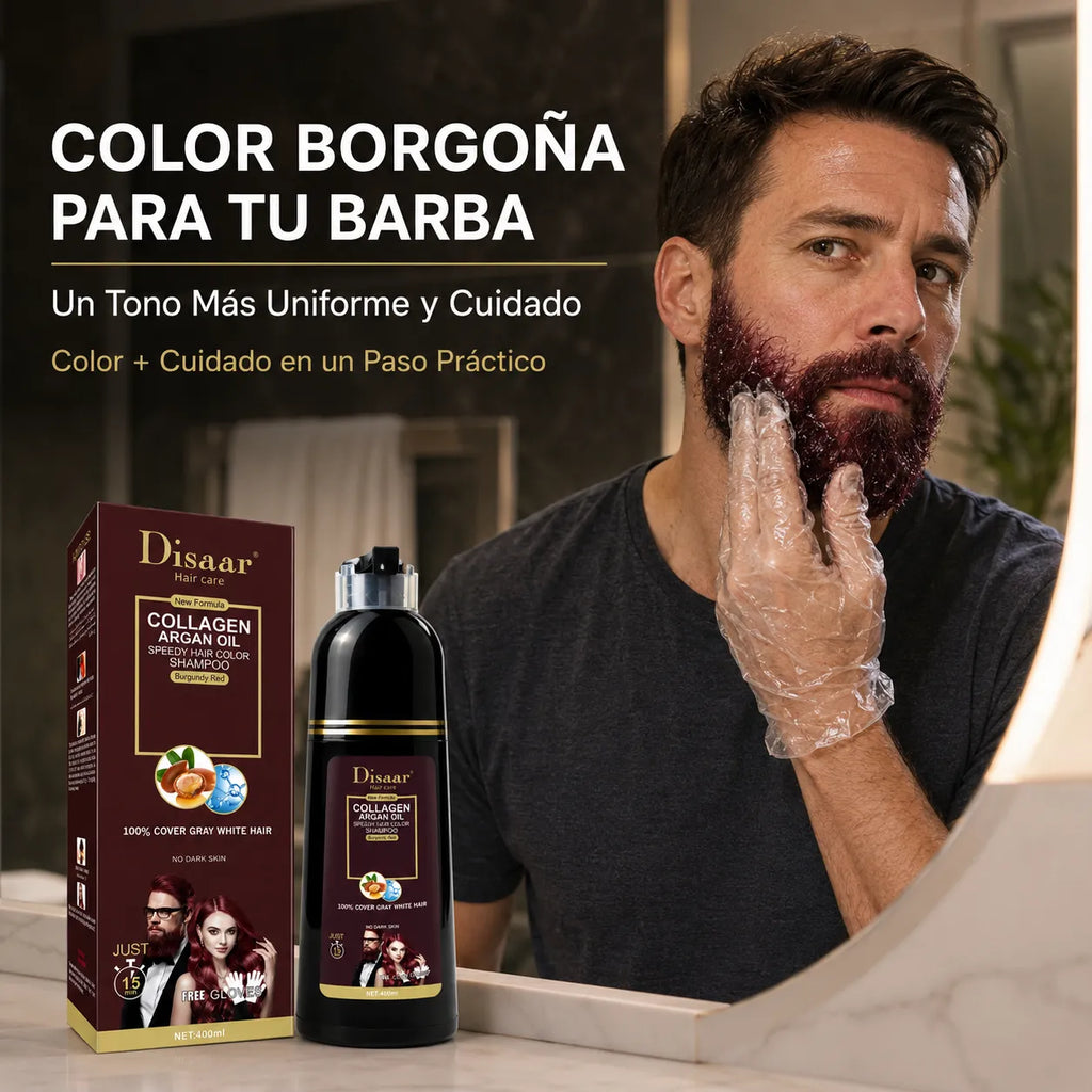 DISAAR– Champú Color Rojo Borgoña con Colágeno y Aceite de Argán para Cabello y Barba 400ml