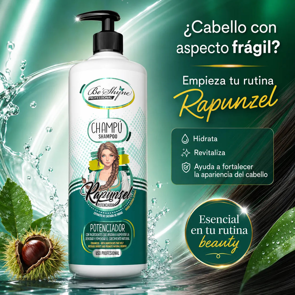 Be´Shyne® – Champú Rapunzel Potenciador con Biotina y Castaño de Indias para Cabello Frágil 1000ml/500ml