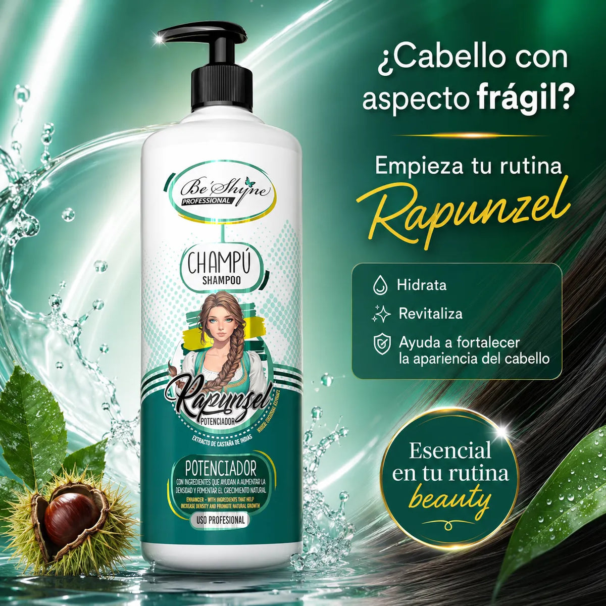 Be´Shyne® – Champú Rapunzel Potenciador con Biotina y Castaño de Indias para Cabello Frágil 1000ml/500ml