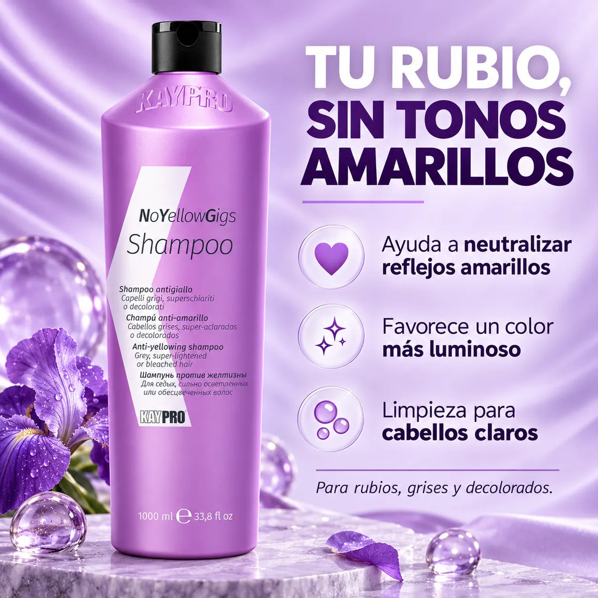 KayPro – Champú Antiamarillo No Yellow Gigs para Cabellos Rubios y Grises 1000 ml