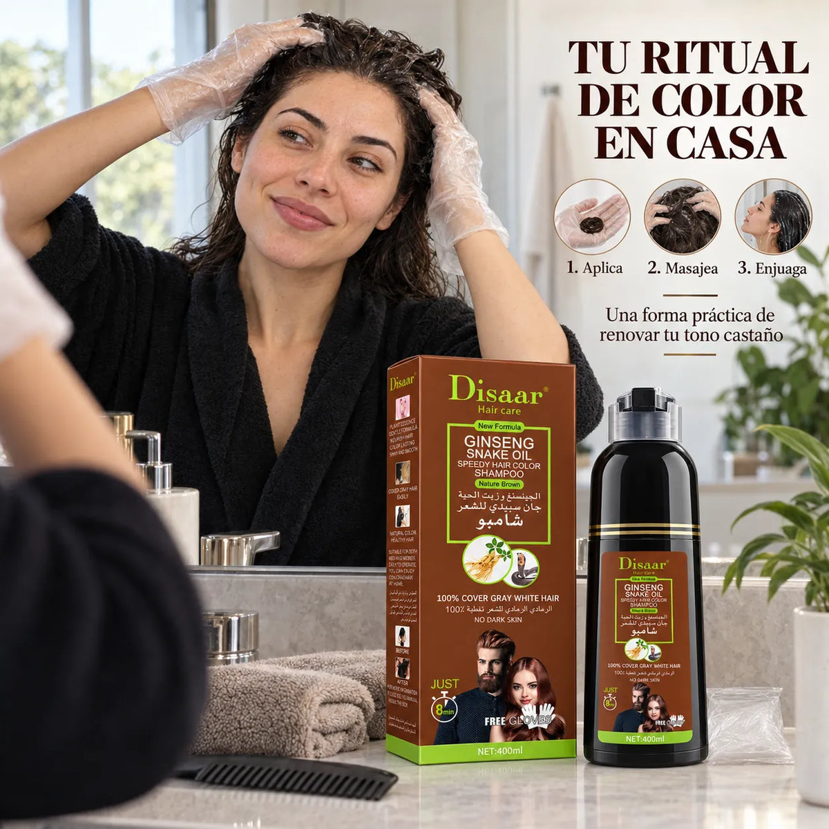 DISAAR – Champú Cubre Canas Castaño de Aplicación Rápida 400 ml
