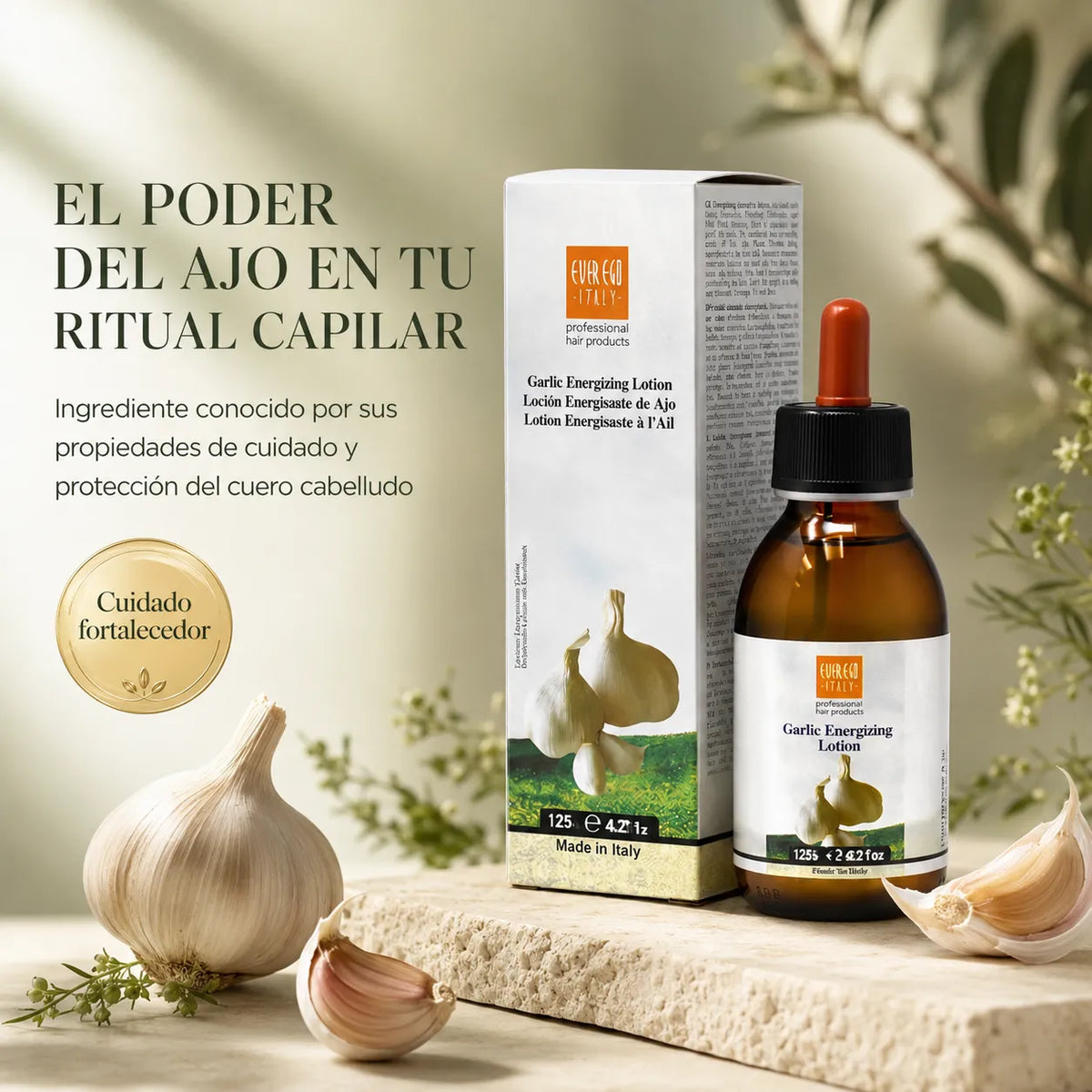 Ever Ego Italy – Loción Capilar Energizante de Ajo Fortalecedora para Cuero Cabelludo 125 ml