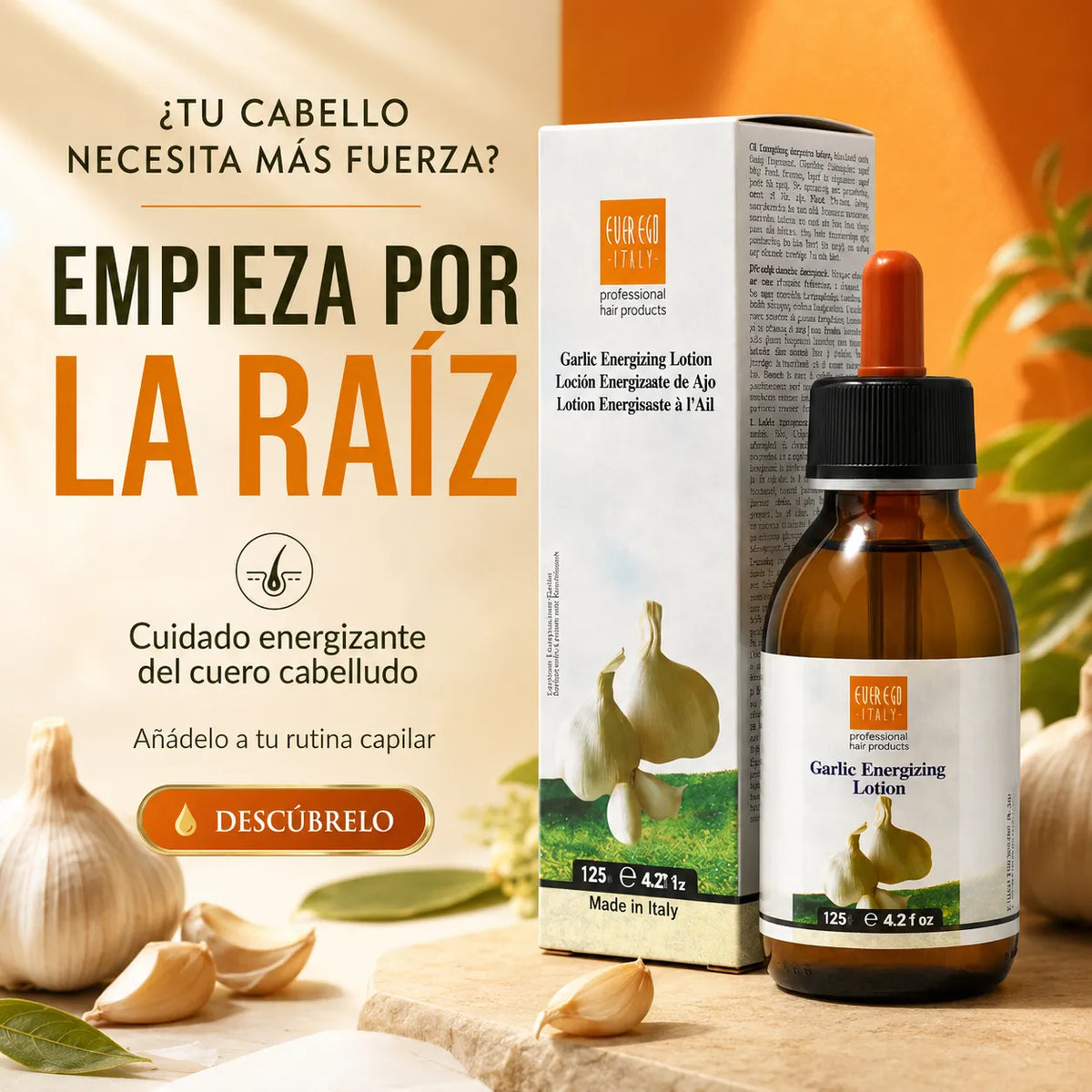 Ever Ego Italy – Loción Capilar Energizante de Ajo Fortalecedora para Cuero Cabelludo 125 ml