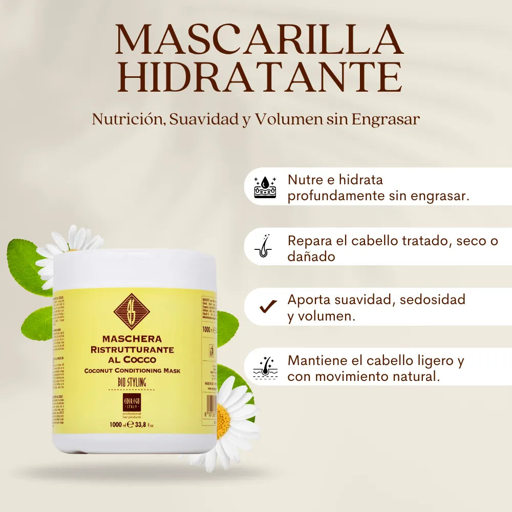 Ever Ego Italy - Mascarilla Reestructurante de Coco Nutrición, Suavidad y Volumen sin Engrasar | 1000/300 ml