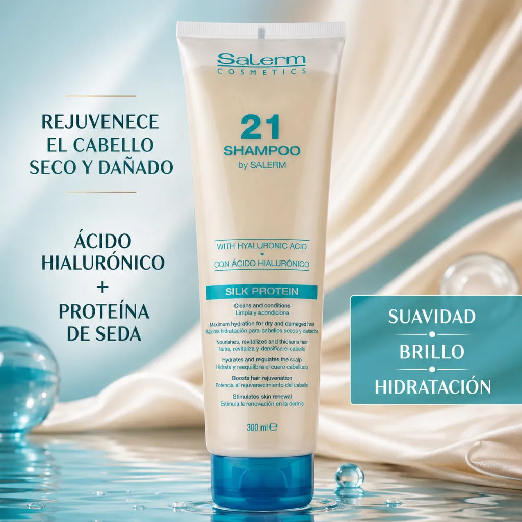 Salerm21 – Champú Rejuvenecedor con Ácido Hialurónico y Proteínas de Seda para Cabello Seco y Dañado 300ml