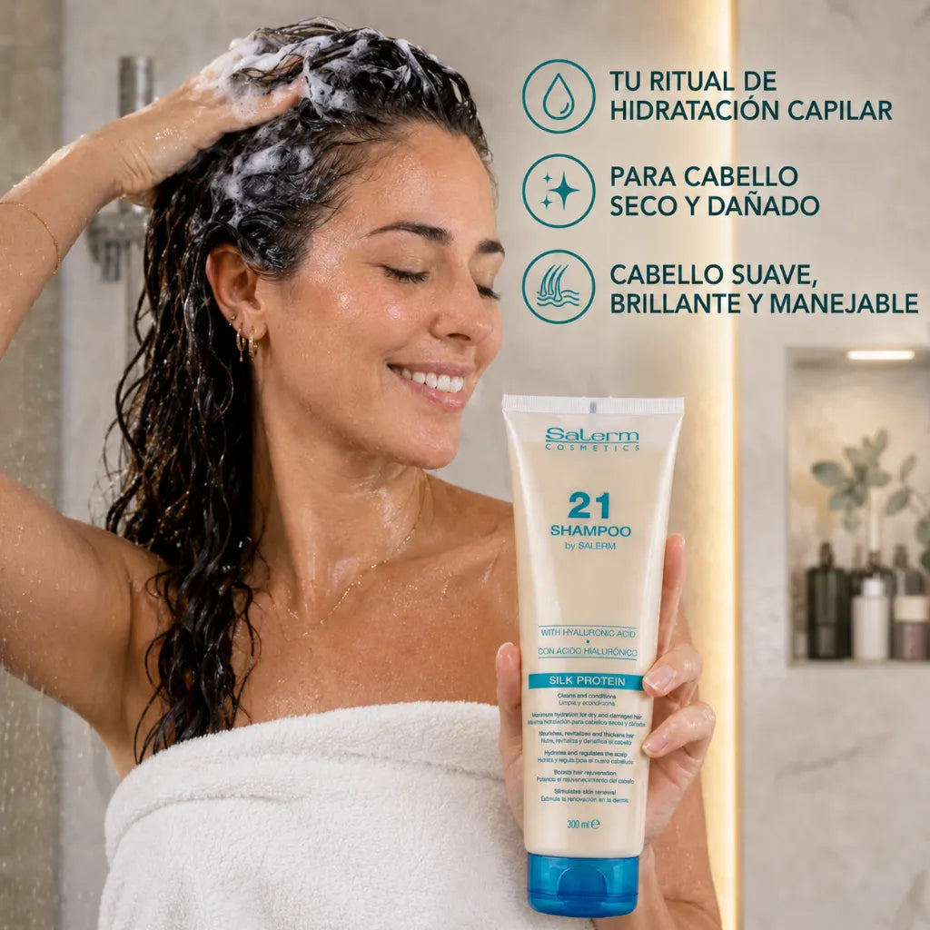 Salerm21 – Champú Rejuvenecedor con Ácido Hialurónico y Proteínas de Seda para Cabello Seco y Dañado 300ml