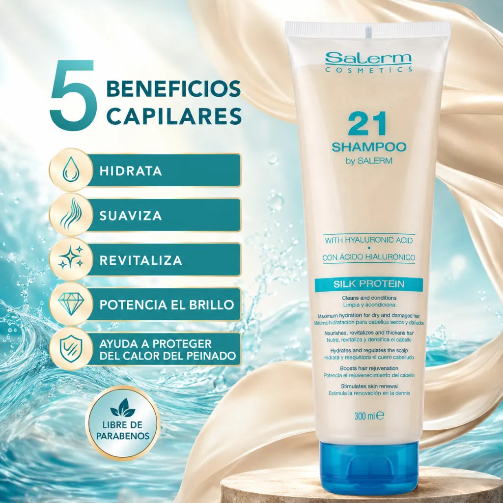 Salerm21 – Champú Rejuvenecedor con Ácido Hialurónico y Proteínas de Seda para Cabello Seco y Dañado 300ml