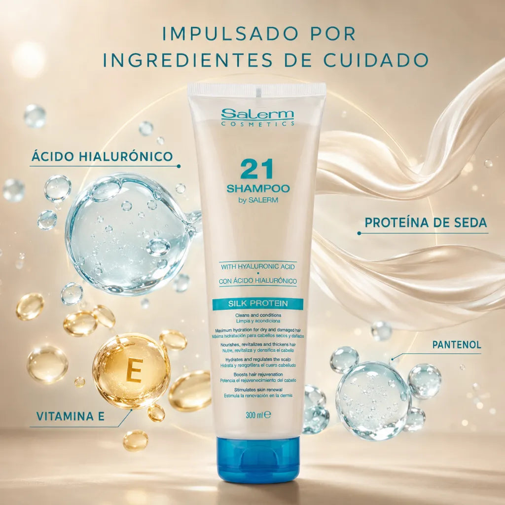 Salerm21 – Champú Rejuvenecedor con Ácido Hialurónico y Proteínas de Seda para Cabello Seco y Dañado 300ml