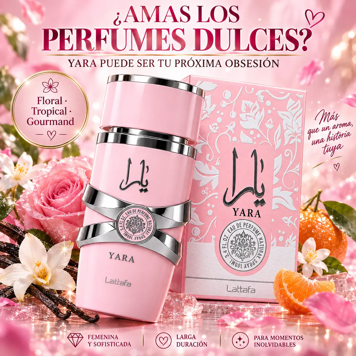 Lattafa – Perfume para Mujer YARA Rosa Dulce y Floral 100 ml