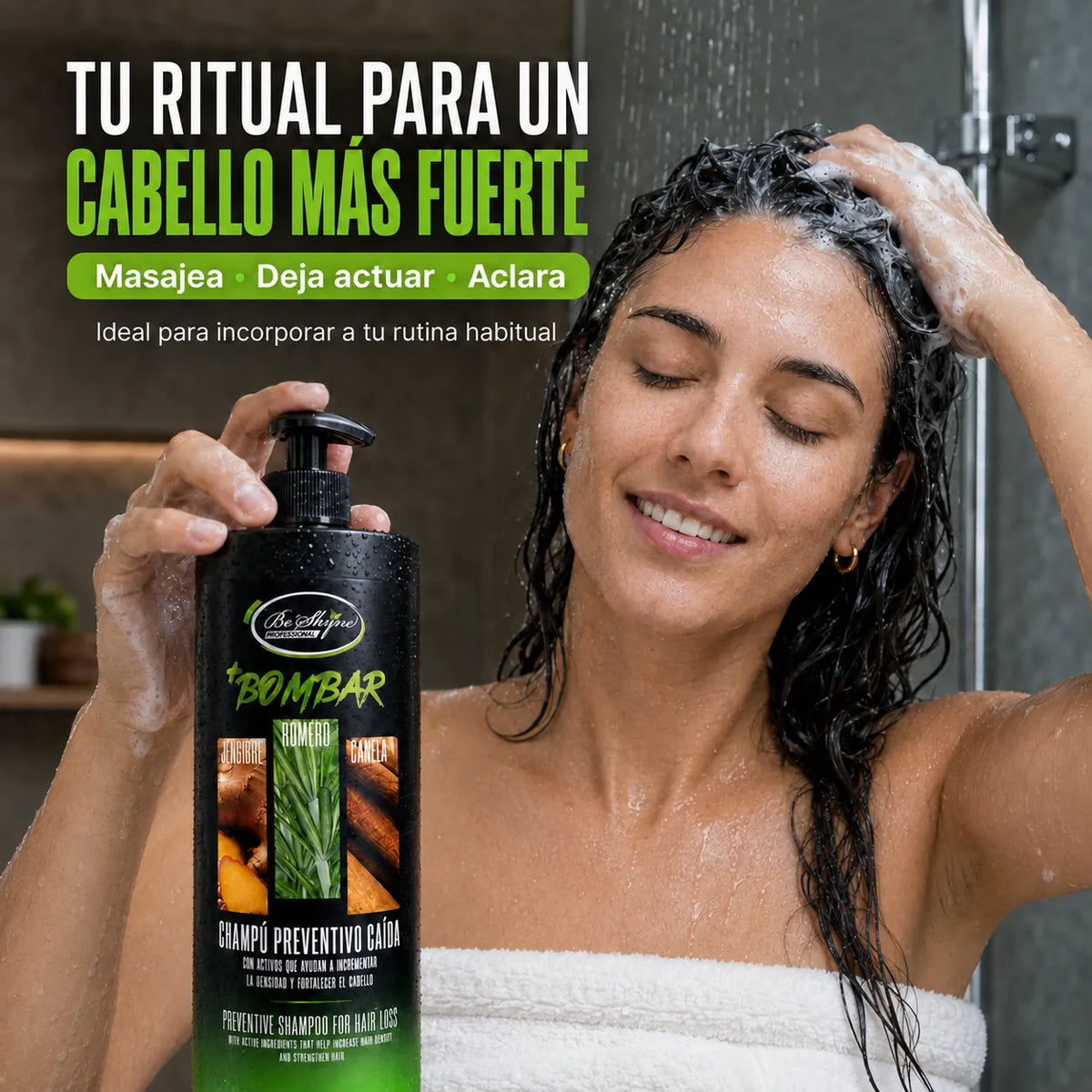 Be’Shyne – Champú +Bombar Nutritivo con Romero para Fortalecer y Cuidar el Cabello 1000 ml