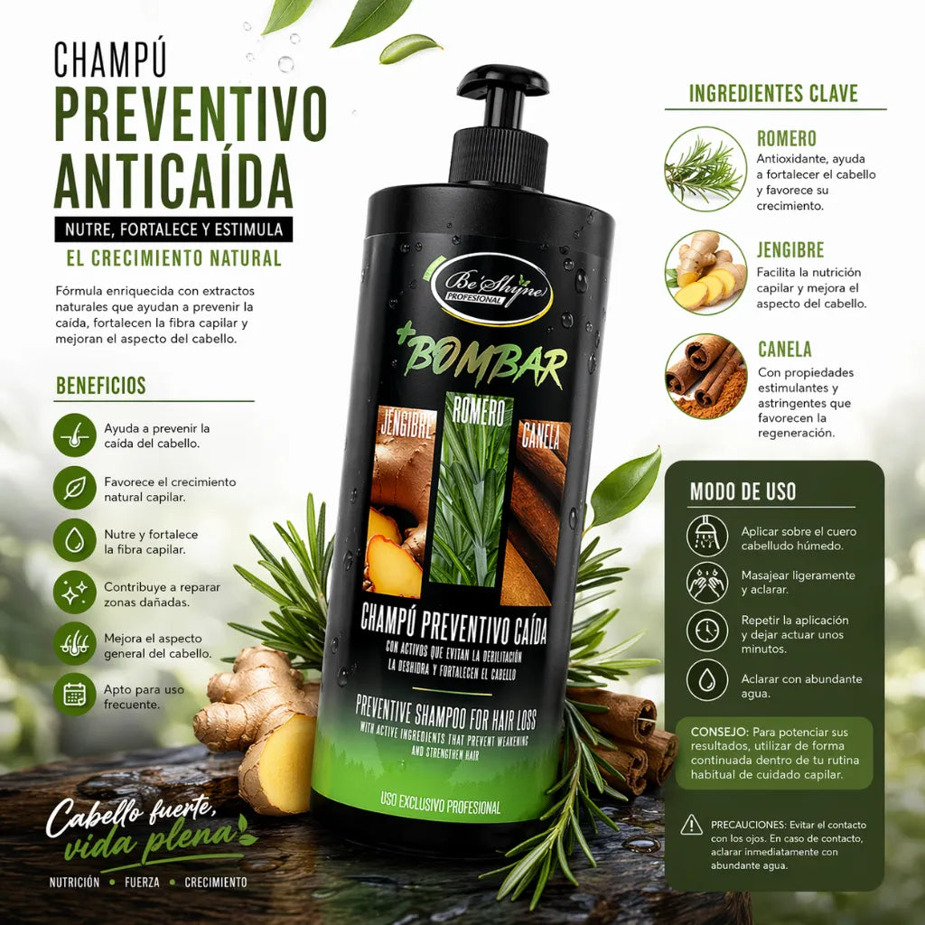 Be'Shyne – Combo Bombar para Cabello con Tendencia a la Caída: Champú 1000 ml + Mascarilla 1 kg